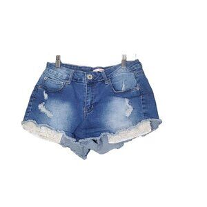 BONGO Womens Denim Shorts SZ Jr. 9 Medium Wash Raw Hem Distressed‎ Lace Y2K